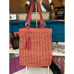 Velez Coral Pink Crochet Straw Leather Tote Bag One Size